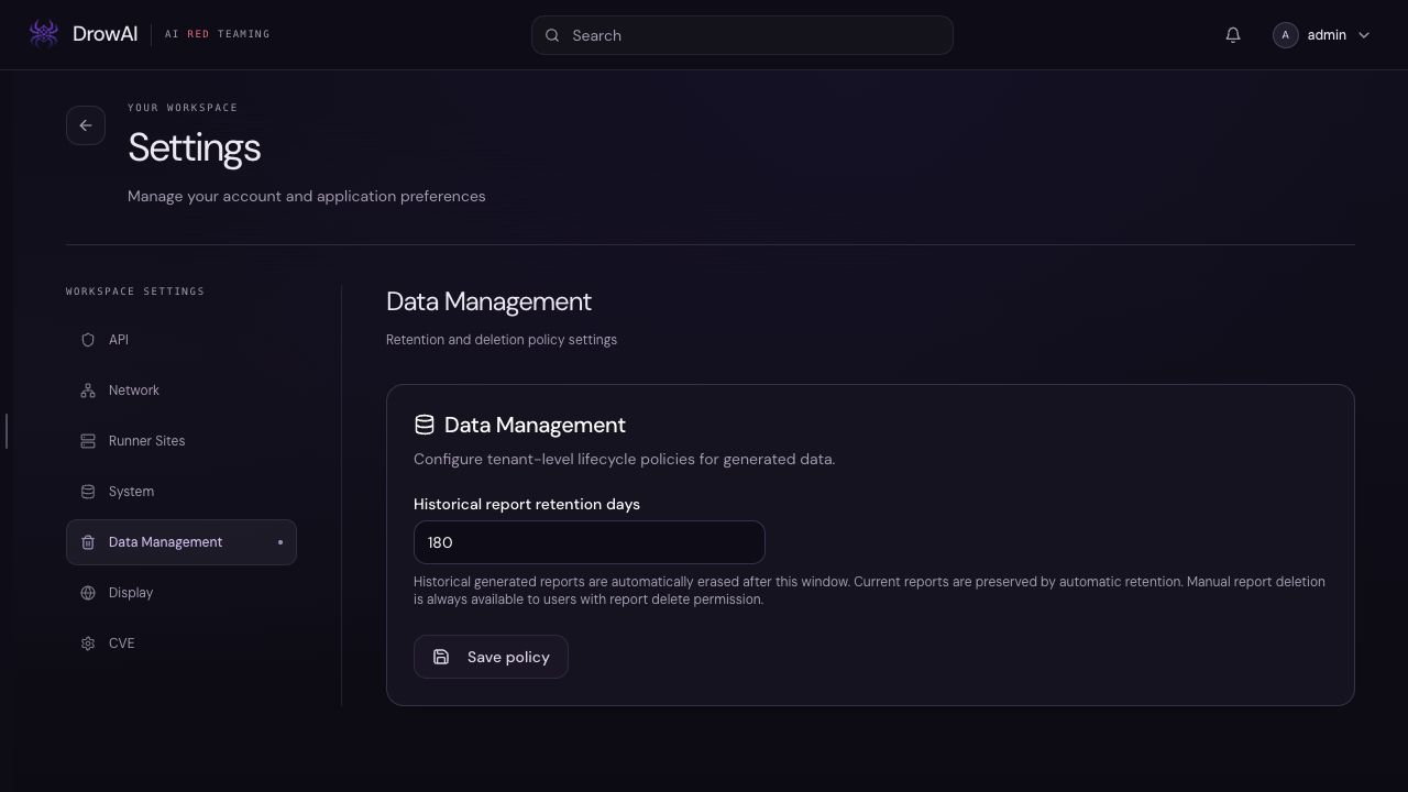 Annotated DrowAI Settings Data Management subtab