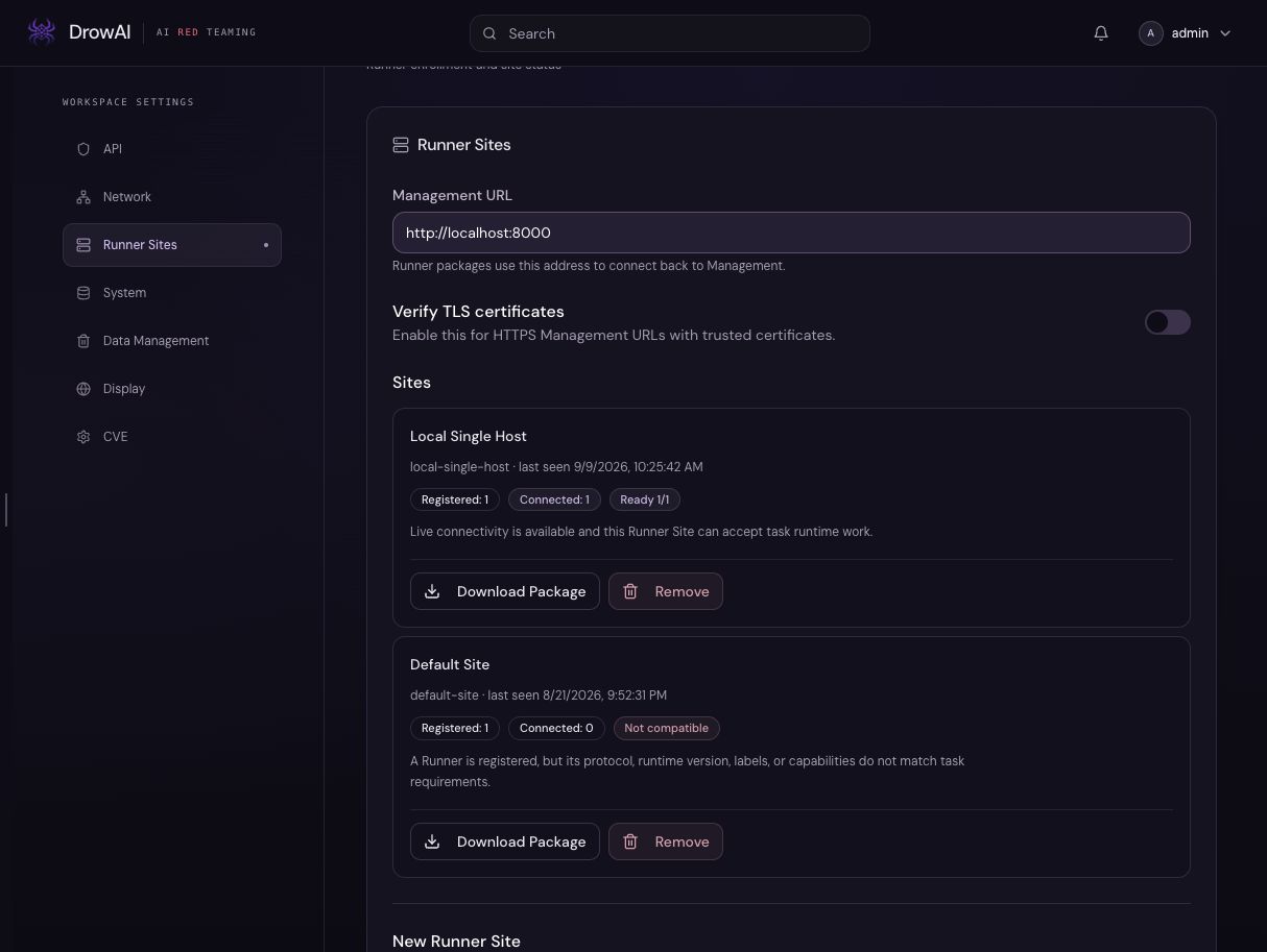 Annotated DrowAI Settings Runner Sites subtab