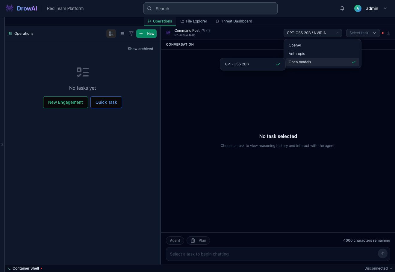 DrowAI Operations model selector with Open models and GPT-OSS 20B selected