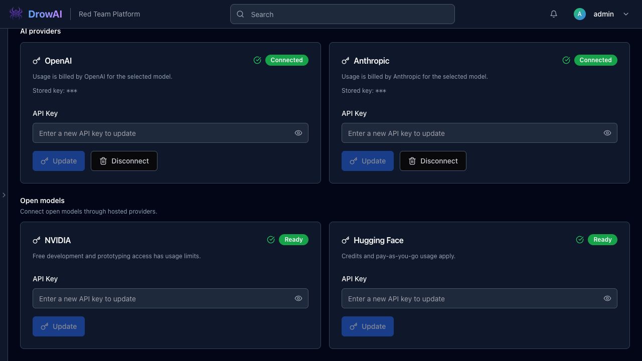 DrowAI NVIDIA provider settings with an empty API key field