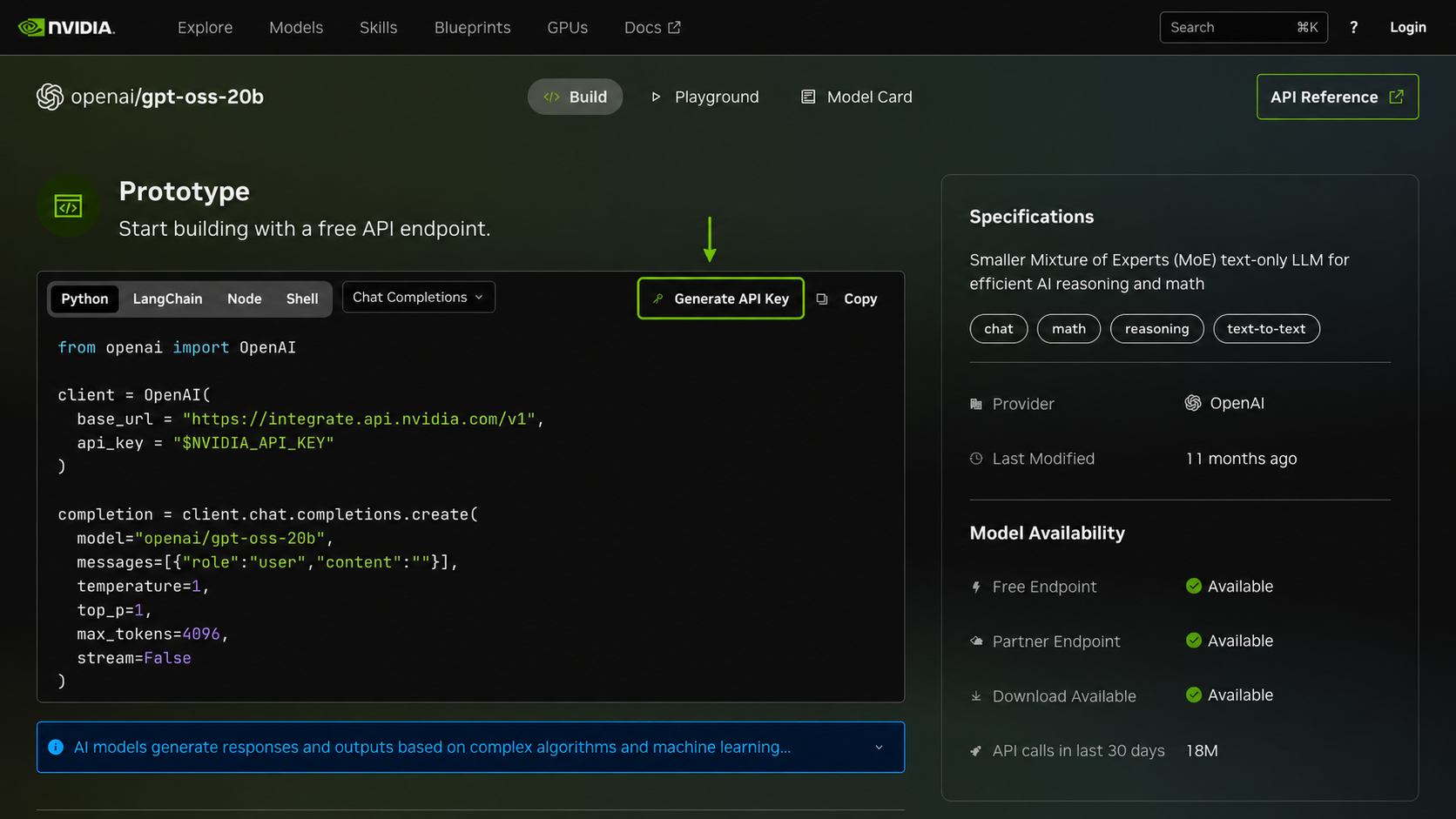 NVIDIA Build page for openai/gpt-oss-20b with Generate API Key highlighted