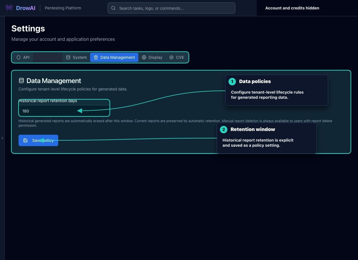 Annotated DrowAI Settings Data Management subtab