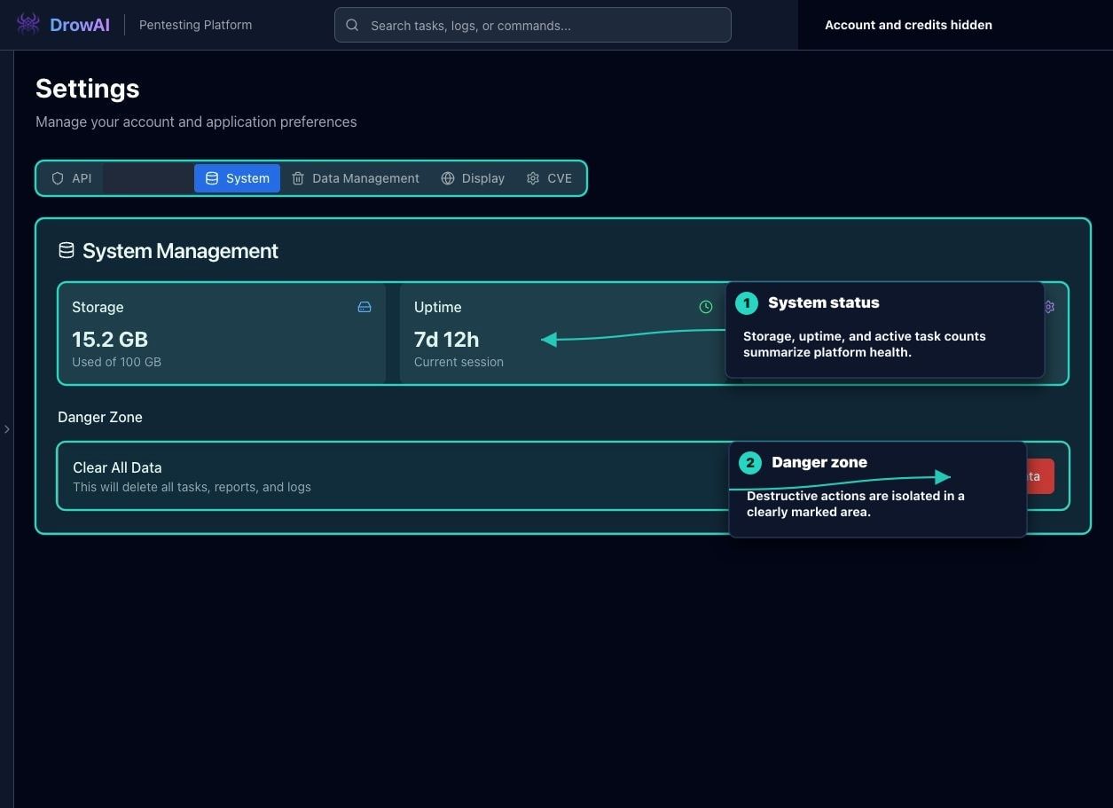 Annotated DrowAI Settings System subtab