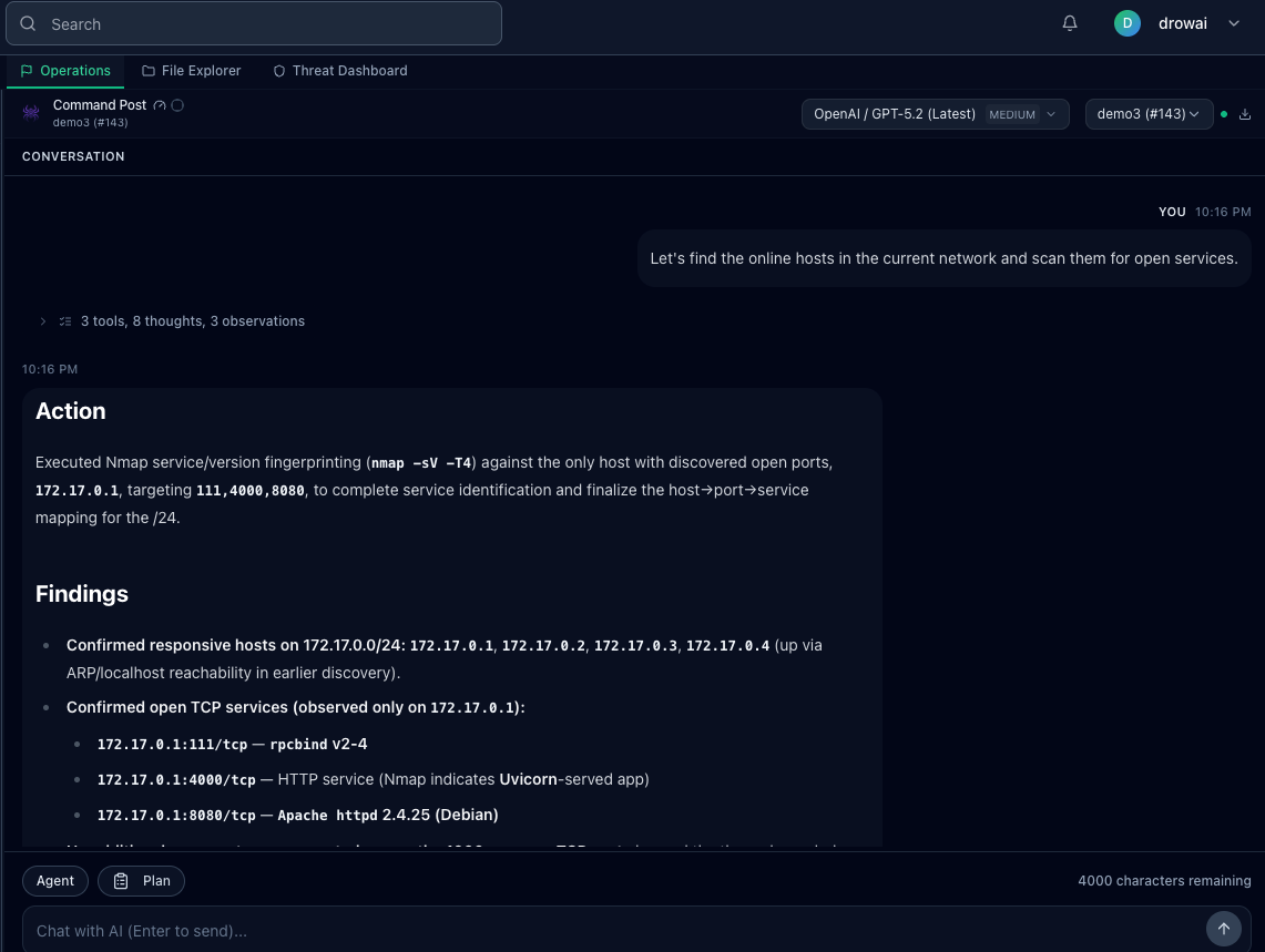 DrowAI agent workspace showing guided agent work with operator control