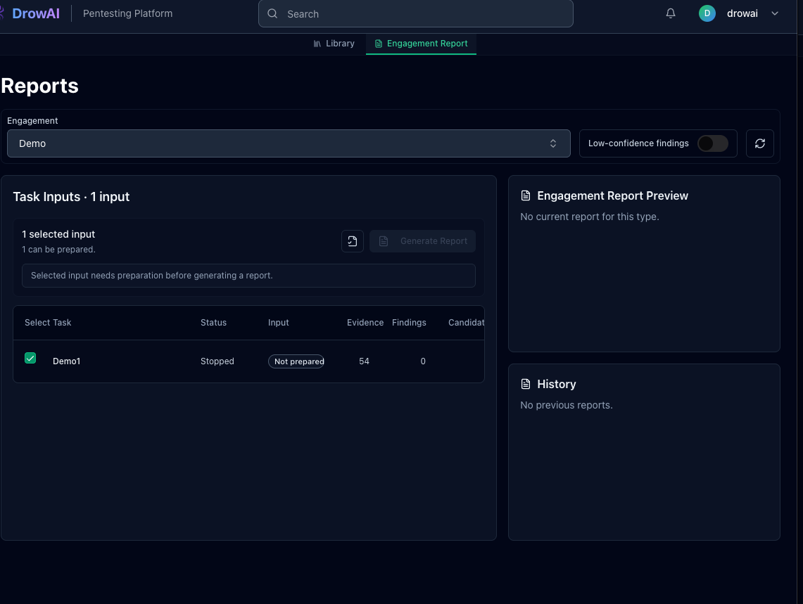 DrowAI report workspace showing engagement output assembled from evidence