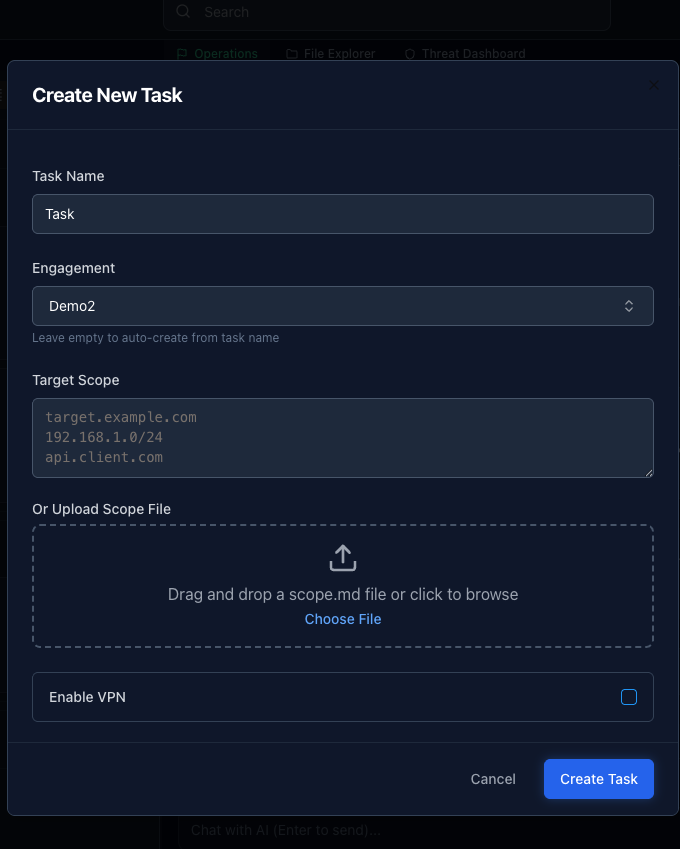 DrowAI task workspace showing a focused security objective inside an engagement